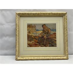 Henry Silkstone Hopwood (Staithes Group 1860-1914): Fisherman sitting on the Harbour Wall, watercolour signed 23cm x 29cm