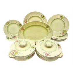 Clarice Cliff circa 1936 Sundew pattern dinner wares, comprising two Odilon shaped tureens and covers, six dinner plates, six side plates, two dessert plates and one serving dish 