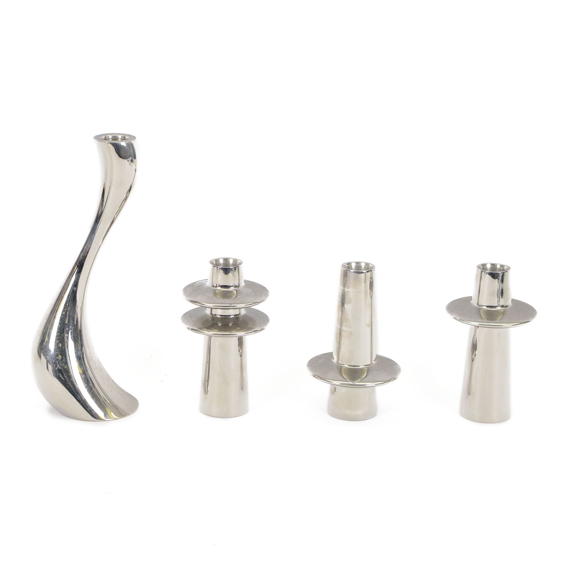 Georg Jensen set of three stainless steel candlesticks, designed by Rebecca Uth, together with another candlestick designed by Constantin Wortmann, both in original boxes   