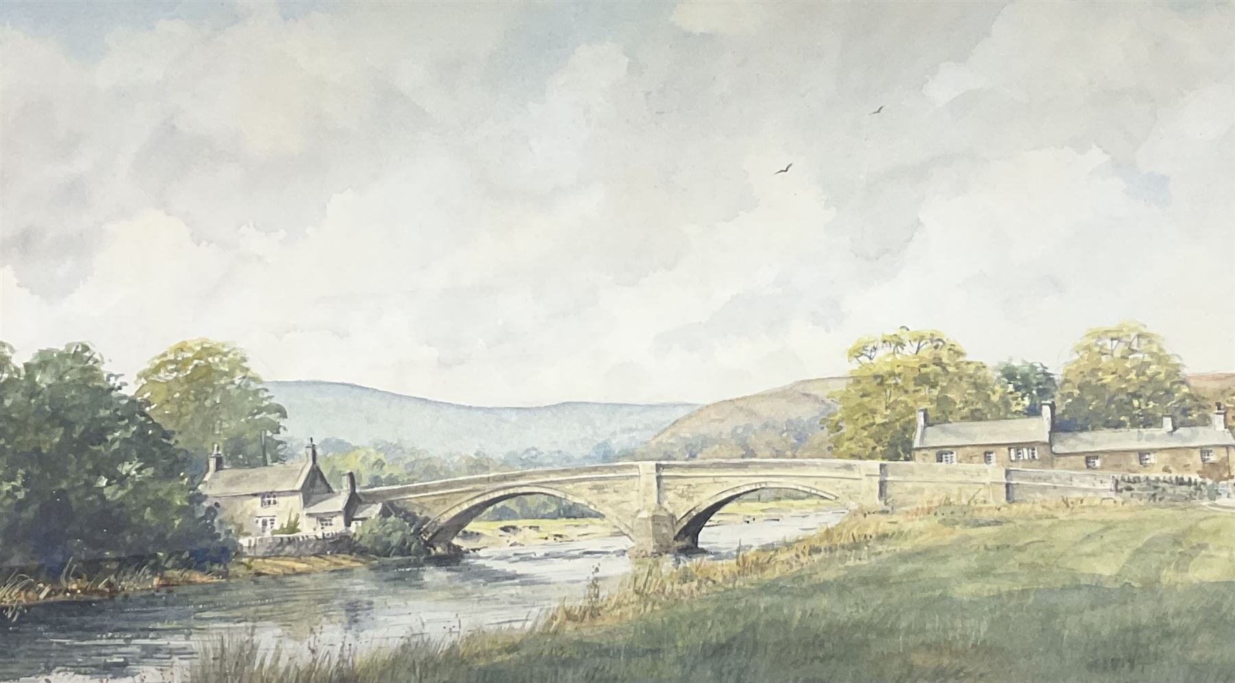 Les Packham (British 20th Century): Rural Landscape with River and Bridge, watercolour, inscribed verso 30cm x 51cm