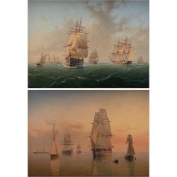 William Frederick Settle (British 1821-1897): British Men o' War other Sail and Steam Vessels in Turbulent Waters & Shipping Becalmed at Sunset, pair oils on panel signed with monogram and dated 1884, 22cm x 30cm (2)