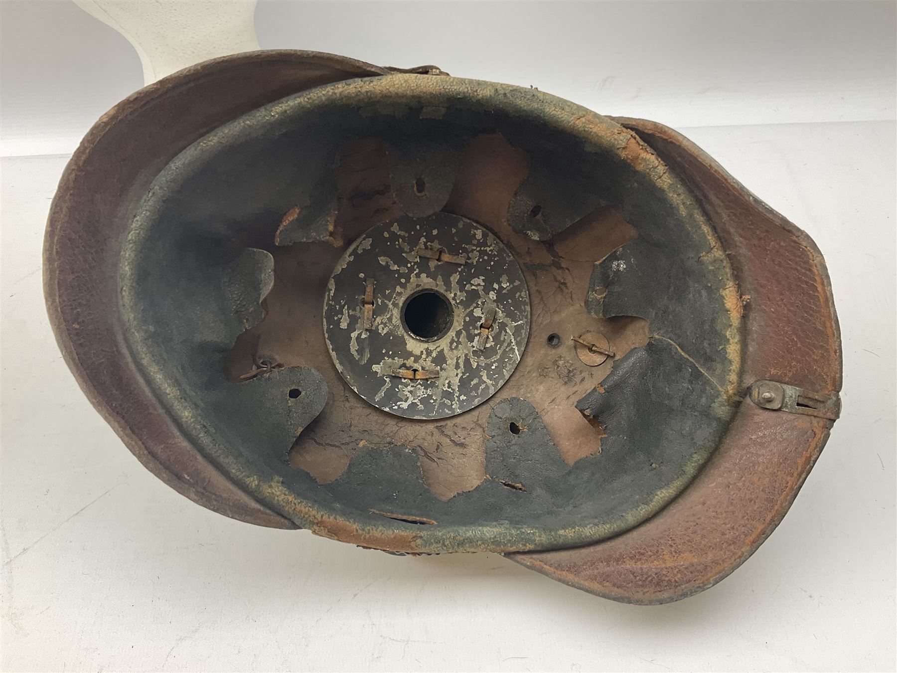 WW1 German leather Pickelhaube helmet with brass plate for Baden regiment, leather strap and leather part only of liner