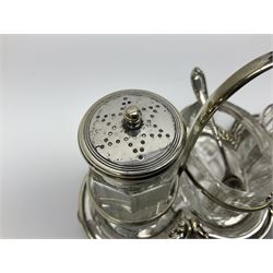 Sheffield silver-plated cruet set, comprising mustard pot, open glass salt and pepper pot on stand, together with a collection of silver plated spoons