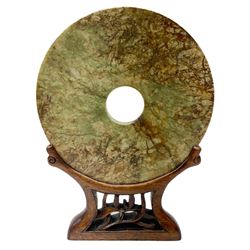 Large Chinese green and russet jade Bi-D