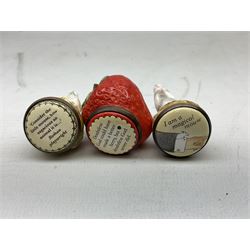 Two Halcyon Days enamel bonbonnieres modelled as mice, I am a magical mouse, and ''Consider the little mouse, how sagacious an animal it is...' Roman Playwright', together with three Halcyon Days enamel boxes, modelled as a bee upon a flower, a ladybird upon a leaf, and a strawberry, each in fitted box, (5)