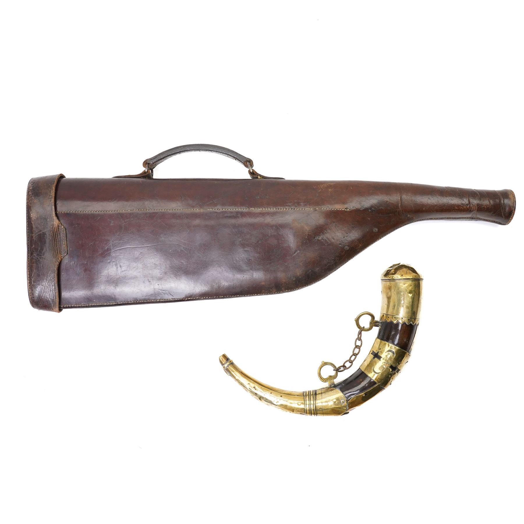 Leg of mutton leather shotgun case L78cm and a North African brass and horn powder horn