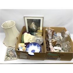 Three small studio glass bowls, together with four jasperware style plaques, coalport figure 'Promenade', two cut glass decanters, and other collectables, two boxes