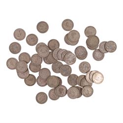 Approximately fifty-six Great British pre-1947 silver half crown coins
