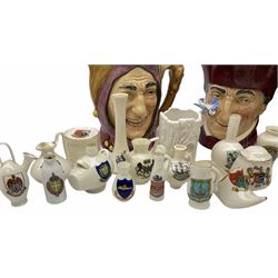 Royal Doulton Character jugs, Dick Turpin, Cardinal, the Jester, and a small Farmer John, Wade tree stump vase and a collection of crested ware including a number by W.H.Goss.
