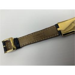 Raymond Weil ladies 'Othello' wristwatch, the rectangular 18ct gold plated case with blue enamel dial, on a Raymond Veil navy blue crocodile leather strap, in original box