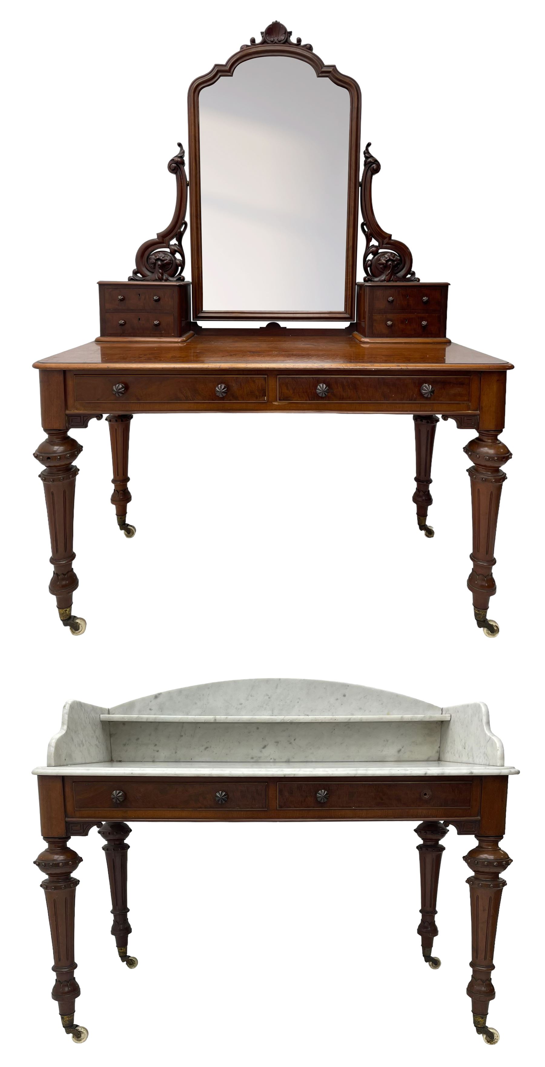 Victorian figured mahogany two-piece bedroom set - the washstand with white and black marble moulded top with arched back and raised shelf, two moulded frieze drawers, on turned and fluted supports with brass and ceramic castors (W123cm, D60cm, H102cm); the dressing table with raised swing mirror in moulded frame with shell and scroll carved pediment, on scrolled horns carved with foliage, four raised trinket drawers over moulded rectangular top, fitted with two drawers, on turned and fluted supports with brass and ceramic castors (W122cm, H177cm, D62cm)