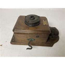 Two Hunningscone patent wall mounting telephones in walnut casing, together with Sterling Telephone & Electric Co. Ltd early wall-mounted telephone 'Primax' and one other 