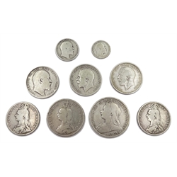 Approximately 120 grams of pre 1920 Great British silver coins including Queen Victoria 1894 crown, 1890 double florin and two 1890 half crowns,  King Edward VII 1902 half crown etc