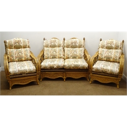  Cane and bamboo two seat conservatory sofa, upholstered back and seat (W134cm) and pair matching armchairs (W77cm)  