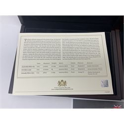 Two silver proof coin sets, comprising Queen Elizabeth II Isle of Man 2019 'D-Day Leaders' three two pound coin set and 2015 'Battle of Britain' set formed of Australian one dollar, UK fifty pence and Canada twenty dollars, both cased with certificates