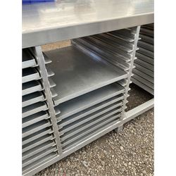 Aluminium framed and stainless steel commercial tray rack preparation table, 48 tray capacity, complete with 30 trays, trays size 66cm x 46 cm - THIS LOT IS TO BE COLLECTED BY APPOINTMENT FROM DUGGLEBY STORAGE, GREAT HILL, EASTFIELD, SCARBOROUGH, YO11 3TX