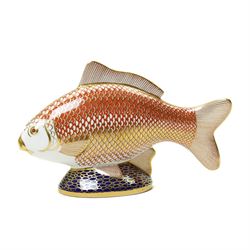 Four Royal Crown derby paperweight comprising Farmyard Cockerel 4504/5000, Farmyard Hen 4115/5000, both boxed and with certificates, Golden Carp and Jenny Wren, all with gold stoppers (4)