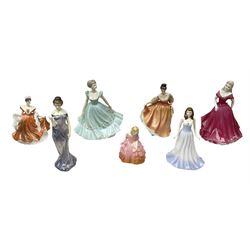 Four Royal Doulton figures comprising The Gemstones Collection April Diamond, Rose HN 1368, Harmony HN 2824, Fair Lady HN 2835, together with two Coalport figures to include Ladies of Fashion Rapture, and Leonardo Collection Isabel, all with marks beneath (7)