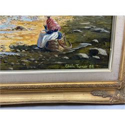 Sheila Turner (British 1941-): Ladies Working on the Shore, oil on board signed and dated '88, 50cm x 74cm