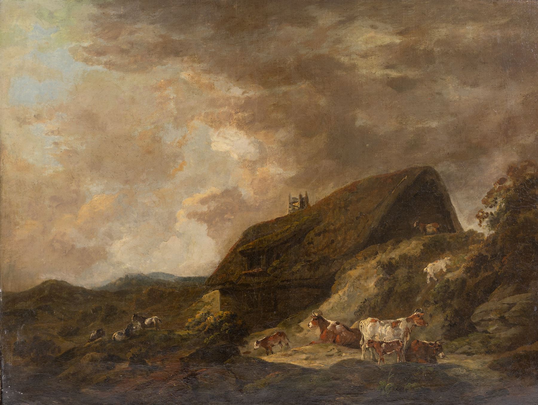 Manner of Thomas Hand (British fl.1790-1804): Thatched Farmhouse and Cattle, oil on canvas unsigned 45cm x 60cm 