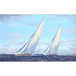  James Miller (British 1962-): 'Velsheda & Astra'- J Class Yachts, oil on canvas signed and dated '11, titled verso 27cm x 42cm  