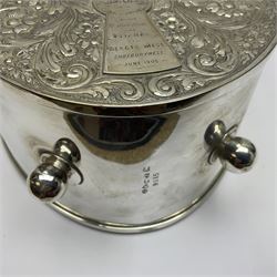 Silver plated, tea caddy, in the form of a heart, with repousse decoration, presented to H Whitcombe, H20cm