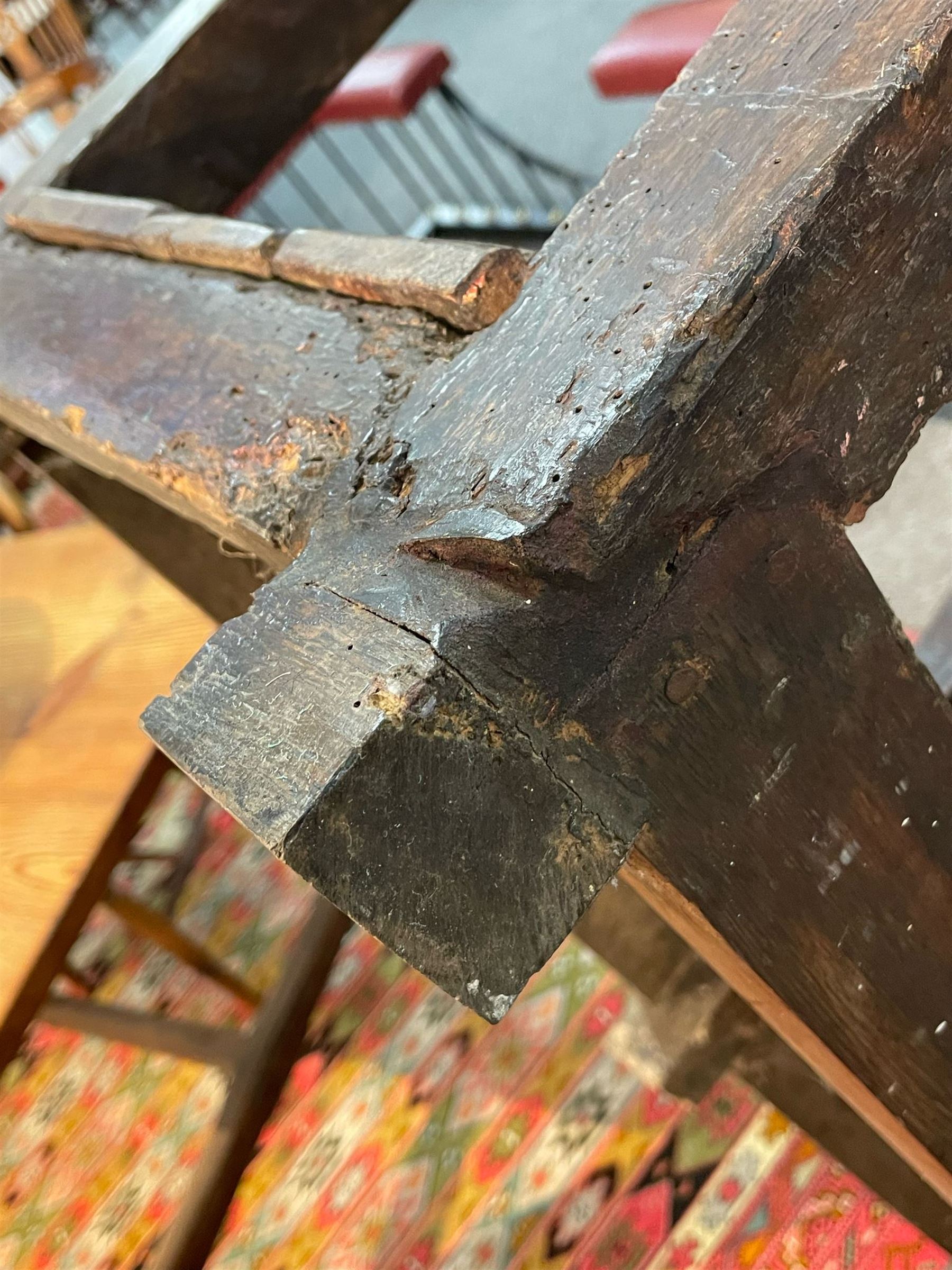 18th century oak dresser base, moulded rectangular top over two drawers and shaped apron, moulded drawer fronts fitted with shaped brass handle plates and swan neck handles, on chamfered square supports united by pot board base 