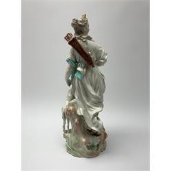 Mid 18th century Derby porcelain figure modelled as Dianna the Huntress, with quiver of arrows upon her back and dog by her side, upon a naturalistically modelled base, with patch marks beneath and collectors labels, H26cm