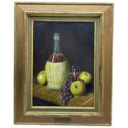 Daniel Lavabre (French 20th century): Still Life of Fruit ad Wine on Shelf, oil on canvas signed 32cm x 23cm 