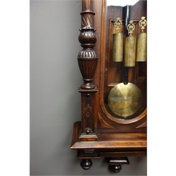  19th century walnut Vienna type wall clock, Architectural case with angular pediment and fluted columns, triple train Grand Sonnerie movement striking the quarter hours on coils with pull repeat, numbered 10396, H122cm   