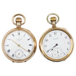 Two early 20th century gold-plated lever pocket watches including H. Stone, Leeds and Elgin and two silver fob watches