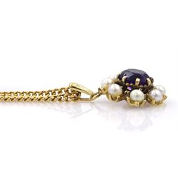 9ct gold amethyst and pearl flower pendant, hallmarked, on 9ct gold curb link necklace