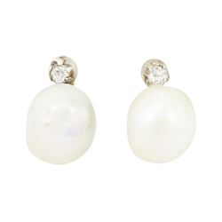 Pair of 19th / early 20th century natural saltwater pearl and diamond earrings, one stud s...