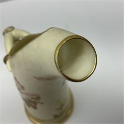 Royal Worcester tusk jug, blush ivory ground, with floral design, stamped 1116 to the base,, together with pair figures of a young boy and girl in the style on Kate Greenaway 