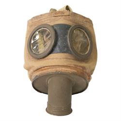 1940's French Army gasmask in canvas bag, together with pre 1938 gas mask filter, the filter marked S.E.C.M.P. 36-2 A.C 34 403 S.E.C.M.P 36-4 