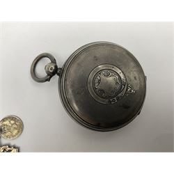 Victorian silver open face fusee lever pocket watch by D A Olswang, Sunderland, No. 7904, white enamel dial with Roman numerals and subsidiary seconds dial, case hallmarked Chester 1895 and a watch chain with silver fob and coin

 

