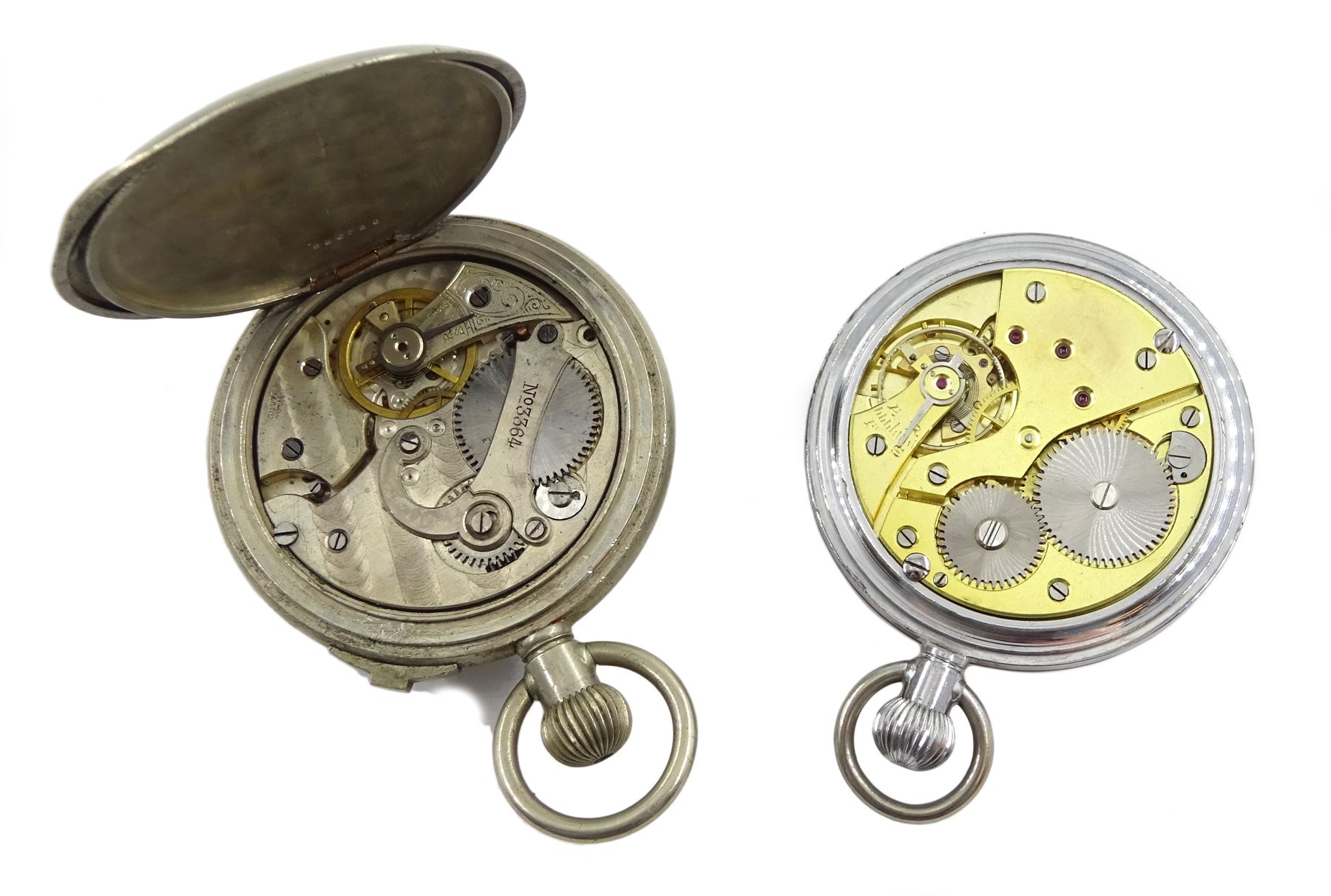 WWII military issue keyless stopwatch No. 3364, back case stamped 'Mayer & We ll, Mark II No. 6348, 1917 and a military issue keyless lever pocket watch, back case stamped 'G.S.T.P G29246 (2)