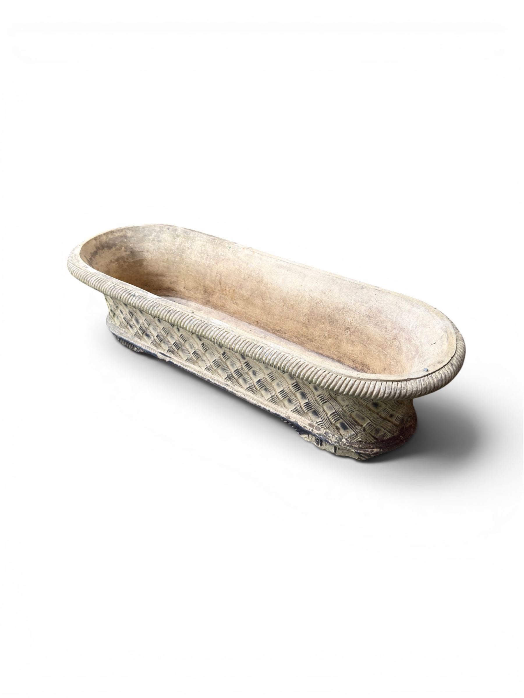 Mid-20th century terracotta oval lattice shallow planter - design after James Pulman & Son