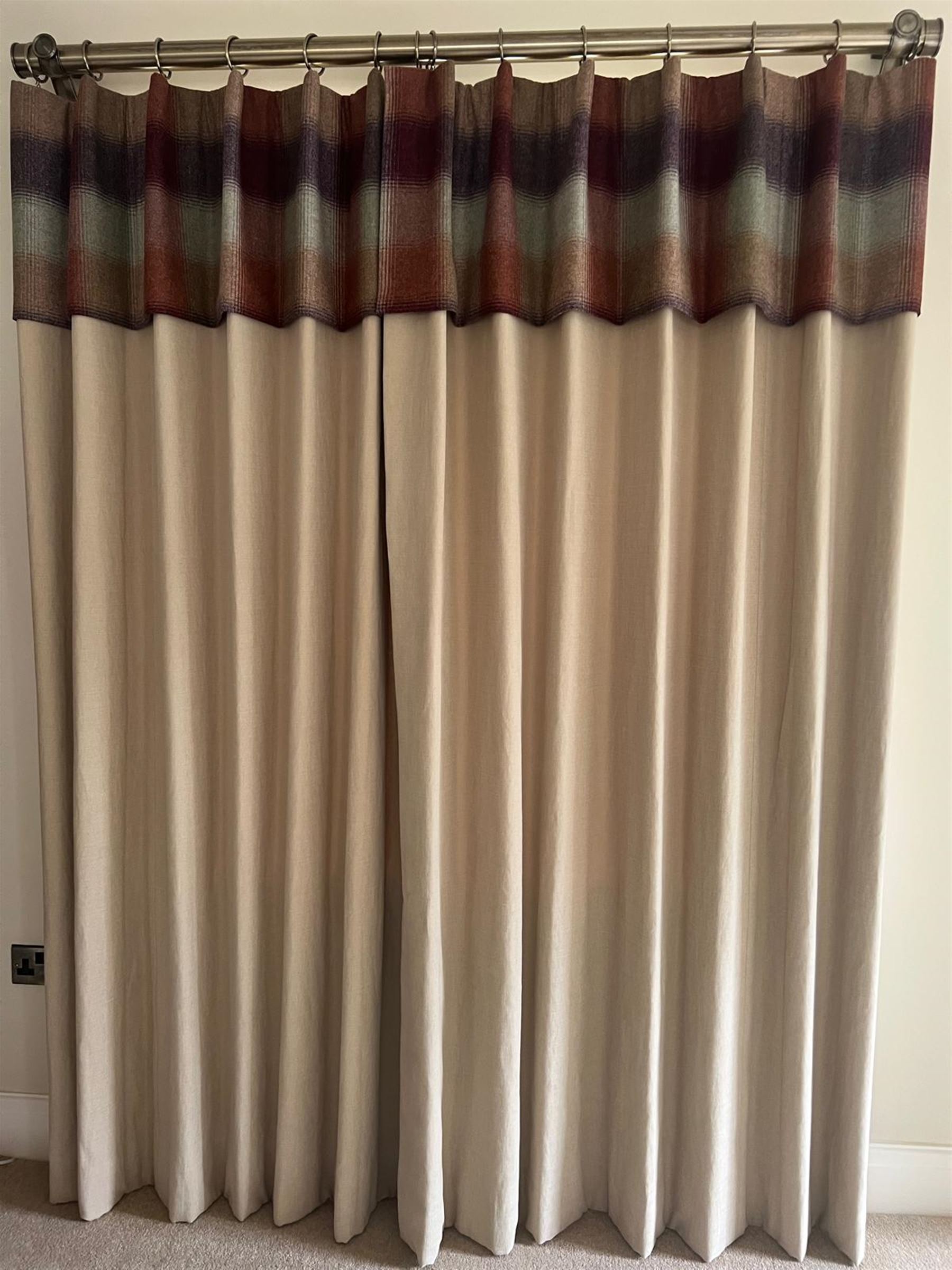 Pair of (190cm) quality full height Linara Wicker curtains with Moon Kilnsey heading, interlined overall height 228cm, overall width 190cm (each curtain) 