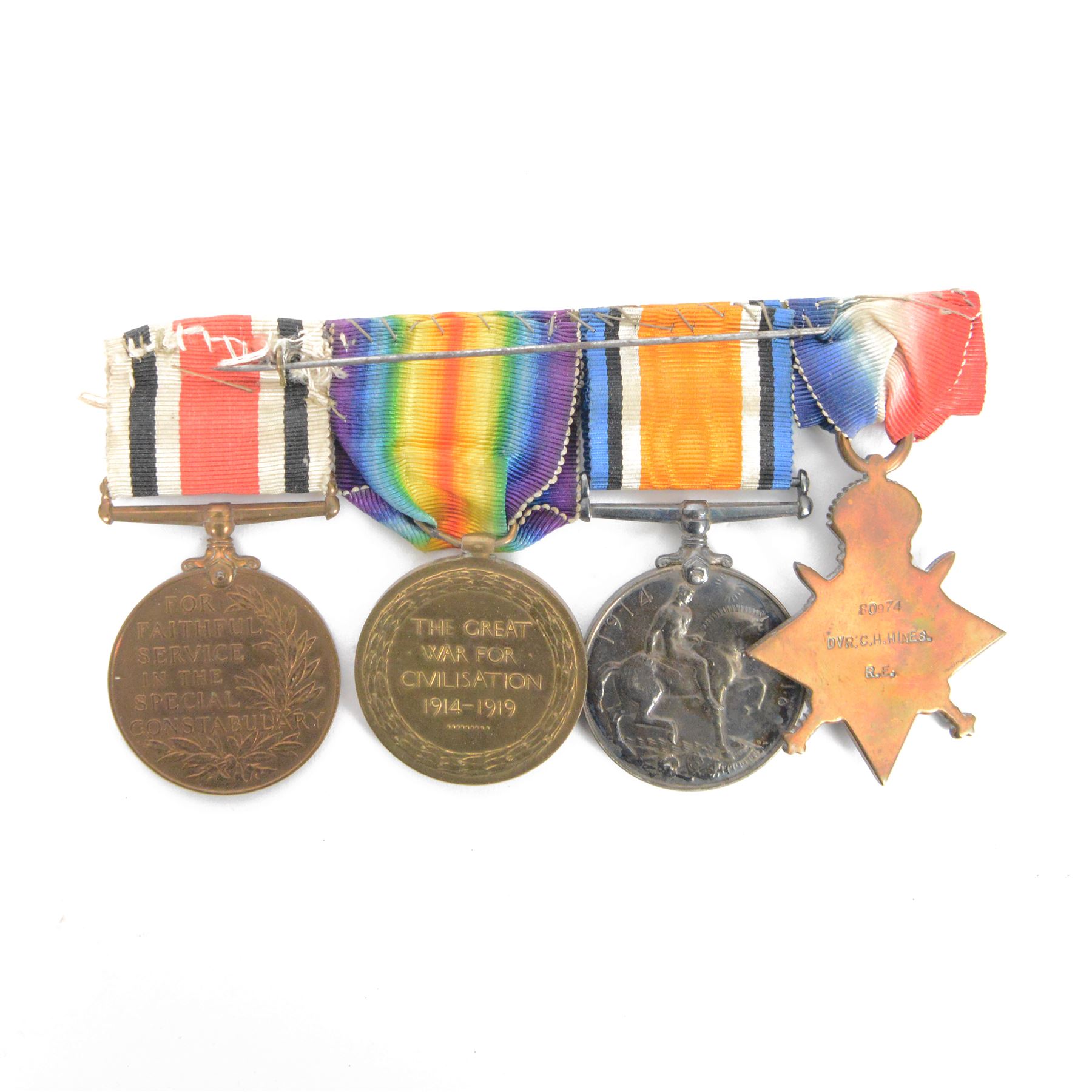 WWI medal group, 1914-15 Star, British War medal, Victory medal and Special Constabulary medal, awarded to 80974 DVR. C.H Hines R.E., together with WWII medal group, 1939-45 Star, Italy Star, Defence medal, War medal, together with ERII Police Officer's Exemplary Service medal, awarded to Const. Angus Maclacelan