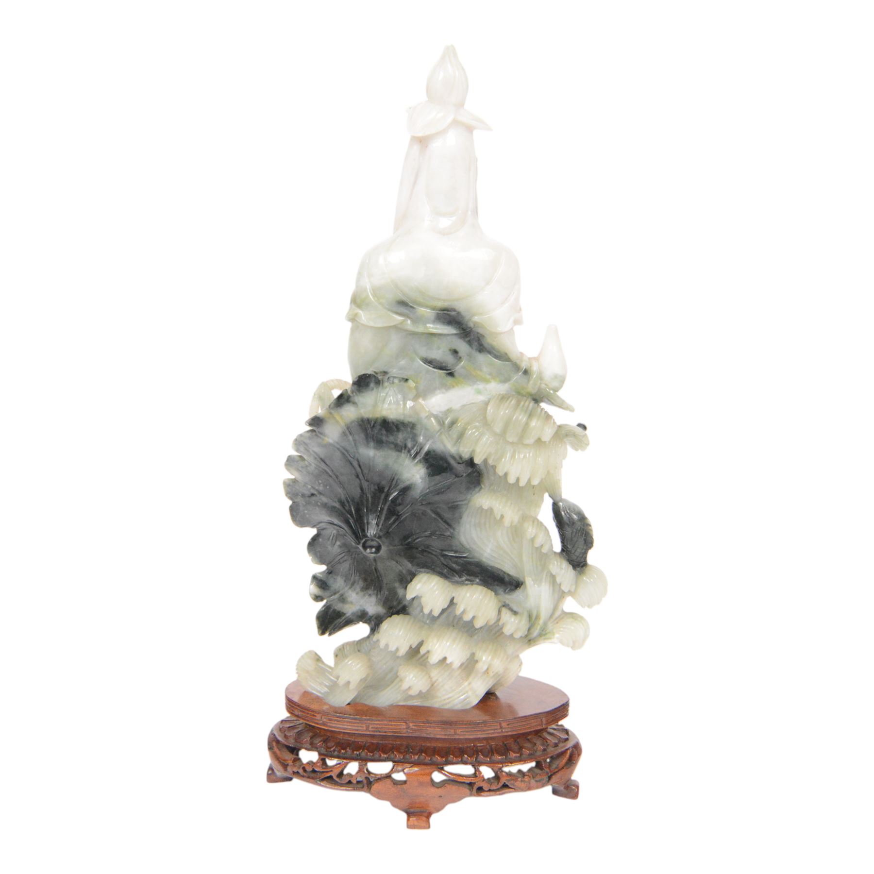 Chinese carved hardstone figure of Guanyin on wooden base, H31cm