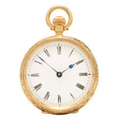 Early 20th century 18ct gold open face keyless lever fob watch, white enamel dial with Rom...