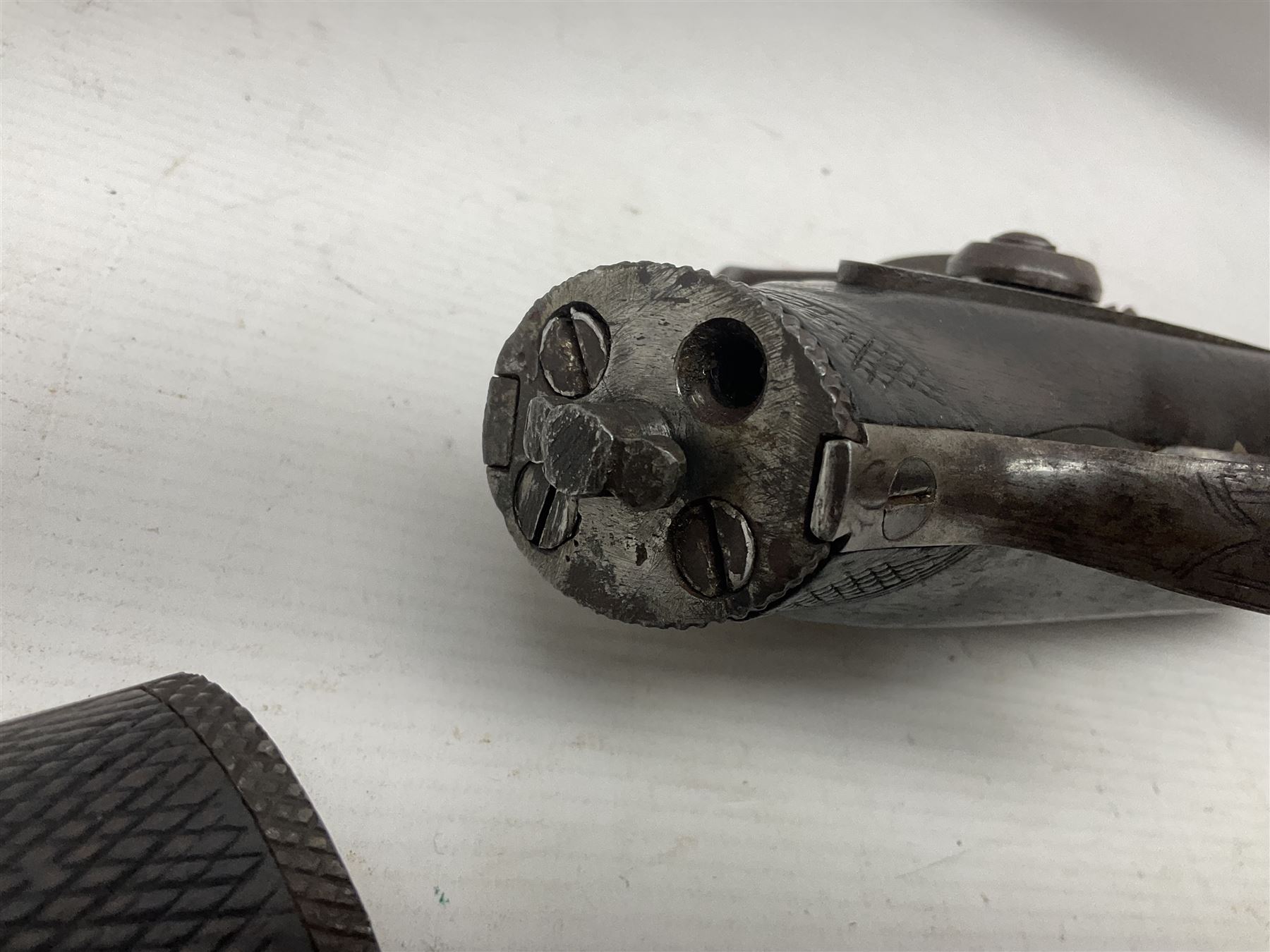 19th century take down 'cripple stopper' single barrel percussion gun, removable walnut stock with bayonet style fitting, chequered grip and fore-end, approximately 8-bore, the 59.5cm (23