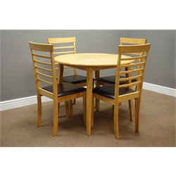  Light wood drop leaf table (D93cm, H75cm), and four chairs  