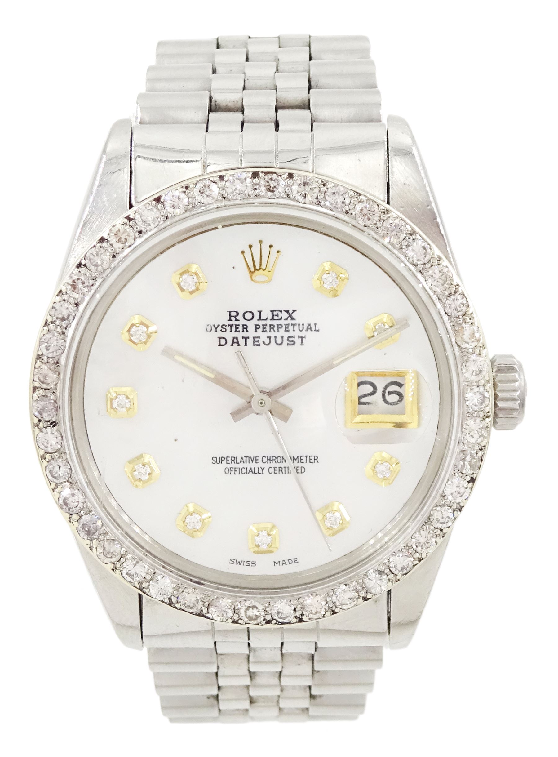 Rolex Oyster Perpetual Datejust gentleman's stainless steel automatic wristwatch, circa 1984, Ref. 16030, serial No. 8124572, after market diamond dot mother of pearl dial and diamond set bezel, on stainless steel Jubilee bracelet, with fold-over clasp