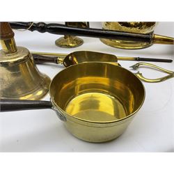 Brass coal bucket, together with small group of fireside accessories, brass skillet pan, bell, and copper bed warming pan, in one box 