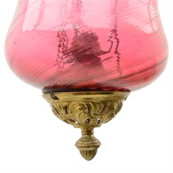 Cranberry glass ceiling oil lamp, of waisted form with metal mounts, 