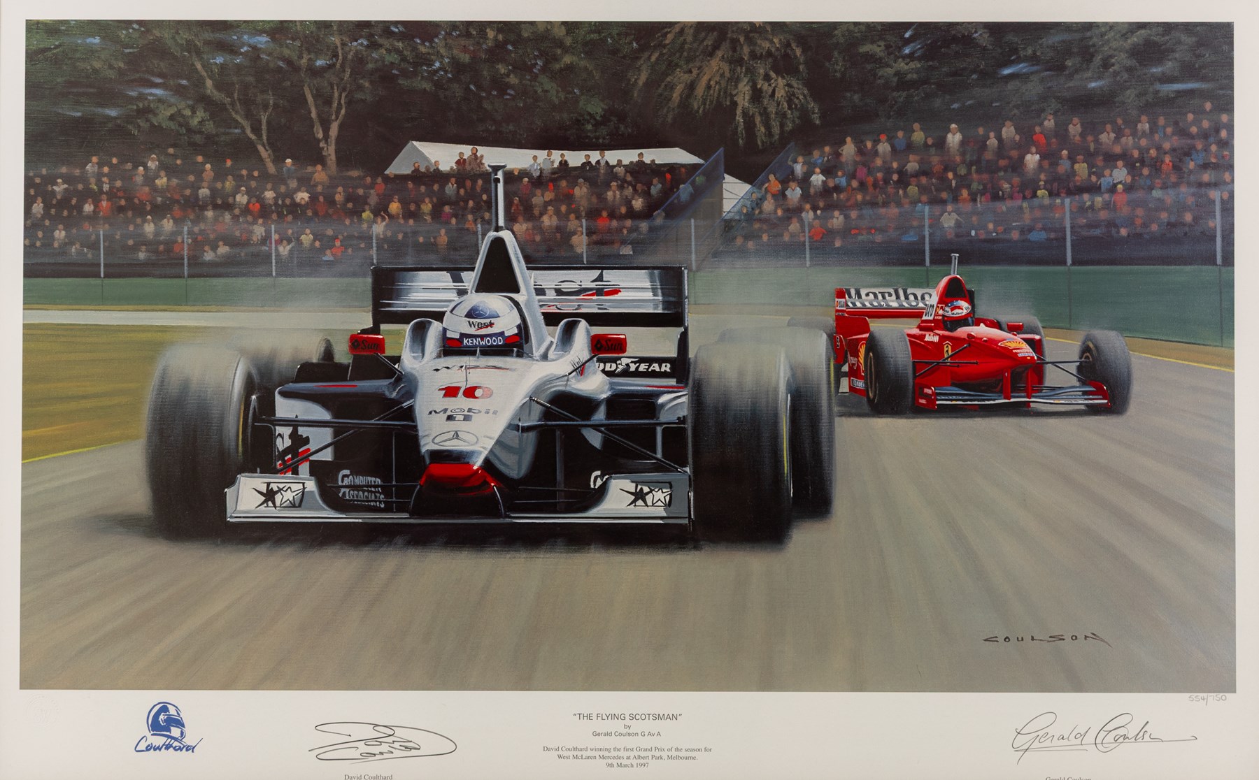 After Gerald Davison Coulson (British 1926-2012): ‘The Flying Scotsman’ and ‘Damon’s First – Hungary 1993’, together with Alan Fearnley (Yorkshire 1942-): ‘Alan Jones’ and Tony Smith (British 20th Century): ‘Damon’s Dream’, set of four limited edition Formula 1 themed prints signed and two signed by drivers David Coulthard and Alan Jones in pencil max 40cm x 61cm (4)