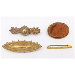 Goldstone gold brooch stamped 9ct, Baby brooch stamped 9ct and two Victorian bar brooches   