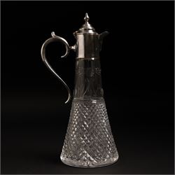 Stuart crystal Beaconsfield pattern claret jug with silver plated cover, matching water jug and pair of candlesticks